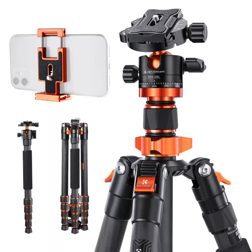 K&F Concept D255C4+BH-28L karbon állvány + monopod + telefon adapter, fekete-narancs (KF-09-093V2)
