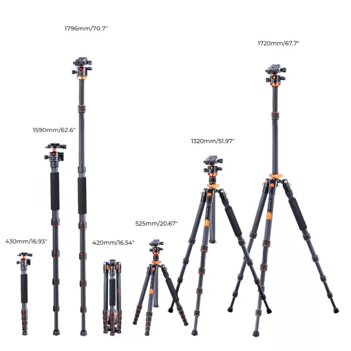 K&F Concept D255C4+BH-28L karbon állvány + monopod + telefon adapter, fekete-narancs (KF-09-093V2)
