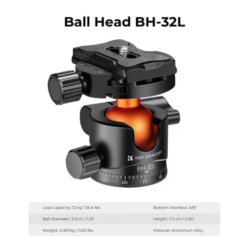 K&F Concept BH-32L állvány gömbfej, 32mm, 12kg teherbírás, vízmérték, arca swiss, 3/8"-1/4" (KF-31-042V1)