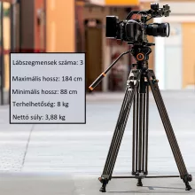 K&F Concept VA18 videóállvány, VH081 video-fluid Fej, 183cm magasság, 8kg teherbírás (KF-09-121)