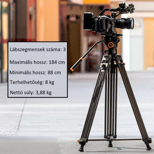 K&F Concept VA18 videóállvány, VH081 video-fluid Fej, 183cm magasság, 8kg teherbírás (KF-09-121)