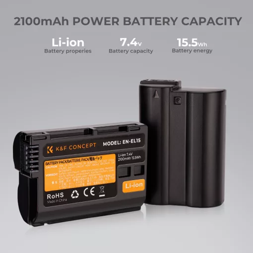 K&F Concept hordozható dupla USB-C akkumulátor MH-25 töltő + 2db EN-EL15 akkumulátor 2100mAh (KF-28-0012)