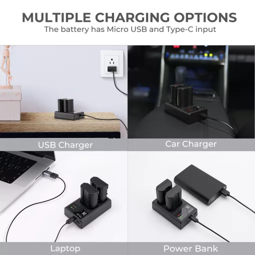 K&F Concept hordozható dupla USB-C akkumulátor MH-25 töltő + 2db EN-EL15 akkumulátor 2100mAh (KF-28-0012)