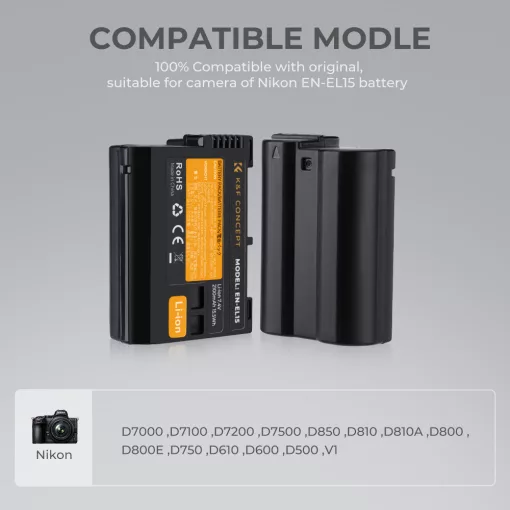 K&F Concept hordozható dupla USB-C akkumulátor MH-25 töltő + 2db EN-EL15 akkumulátor 2100mAh (KF-28-0012)