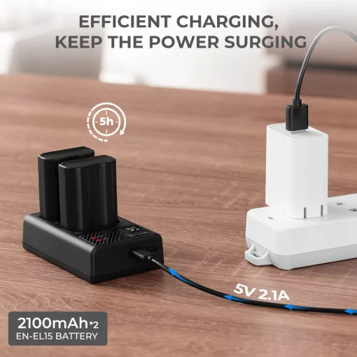 K&F Concept hordozható dupla USB-C akkumulátor MH-25 töltő + 2db EN-EL15 akkumulátor 2100mAh (KF-28-0012)