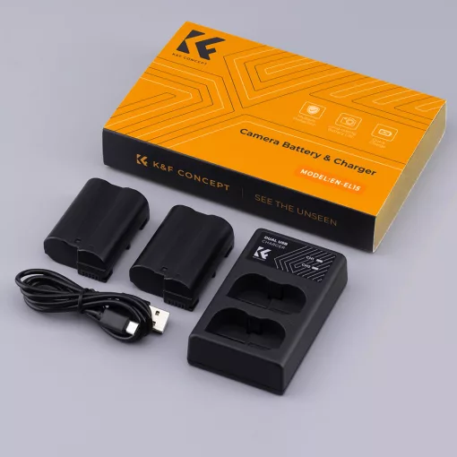 K&F Concept hordozható dupla USB-C akkumulátor MH-25 töltő + 2db EN-EL15 akkumulátor 2100mAh (KF-28-0012)