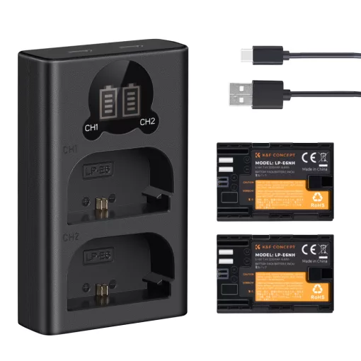 K&F Concept hordozható dupla USB-C akkumulátor LC-E6 töltő + 2db LP-E6NH akkumulátor 2250mAh (KF-28-0021)