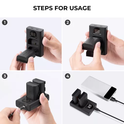 K&F Concept hordozható dupla USB-C akkumulátor LC-E6 töltő + 2db LP-E6NH akkumulátor 2250mAh (KF-28-0021)