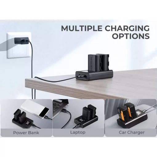K&F Concept hordozható dupla USB-C akkumulátor LC-E6 töltő + 2db LP-E6NH akkumulátor 2250mAh (KF-28-0021)