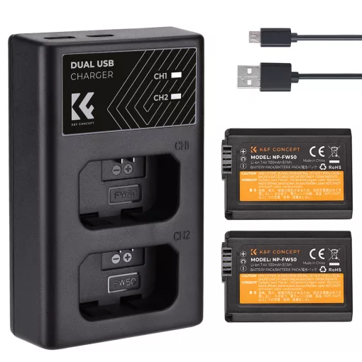 K&F Concept hordozható dupla USB-C akkumulátor BC-TRW töltő + 2db FW50 akkumulátor 1100mAh (KF-28-0015)