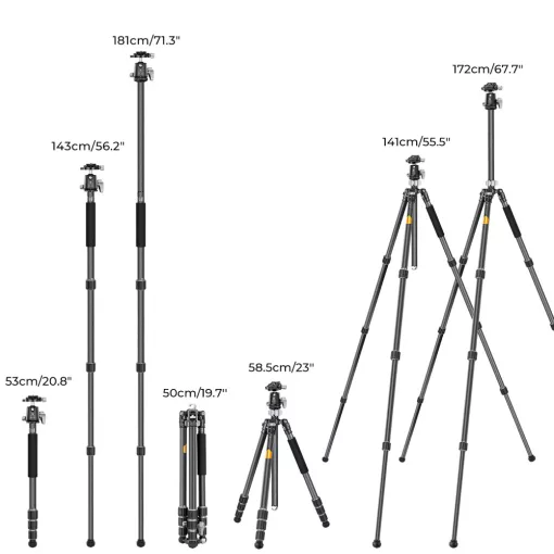 K&F Concept X254C4+BH-30 karbon állvány + monopod, 172cm magasság, 12kg teherbírás (KF-09-116)