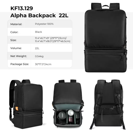 K&F Concept Collapsible Backpack 22L, fotós hátizsák, oldaltáskáva csukható, fekete (KF-13-129)