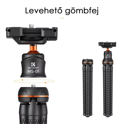 K&F Concept MS-01 hajlítható lábú állvány, gömbfejjel, bluetooth kioldóval (KF-09-129)
