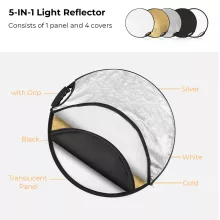 K&F Concept 5in1 derítőlap, reflektor fogantyúval 60cm (feh, fek, arany, ezüst, transp) + hordtáska (KF-18-0004)