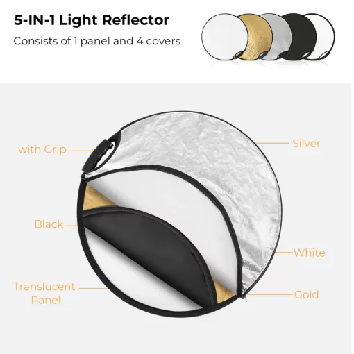 K&F Concept 5in1 derítőlap, reflektor fogantyúval 60cm (feh, fek, arany, ezüst, transp) + hordtáska (KF-18-0004)