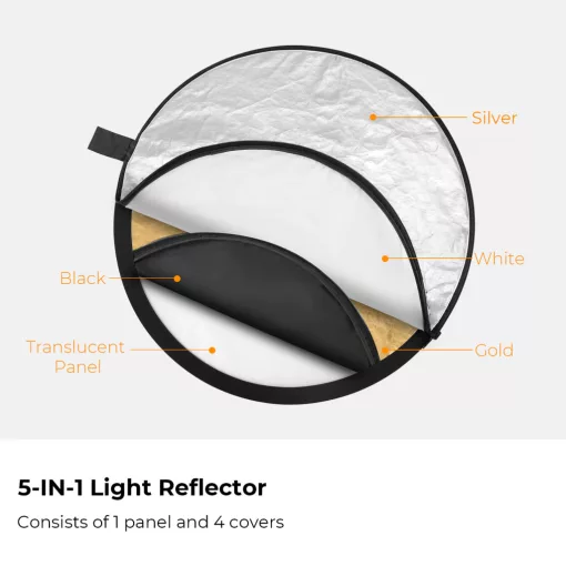 K&F Concept 5in1 derítőlap, reflektor fogantyúval 110cm (feh, fek, arany, ezüst, transp) + hordtáska (KF-18-0006)