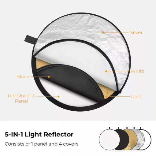 K&F Concept 5in1 derítőlap, reflektor, 56cm (fehér, fekete, arany, ezüst, transparens) + hordtáska (KF-18-0001)