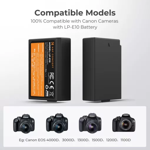 K&F Concept hordozható dupla USB-C akkumulátor LC-E10 töltő + 2db LP-E10 akkumulátor 1200mAh (KF-28-0028)