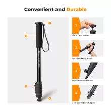 K&F Concept monopod, 160cm, aluminium, 1/4" és 3/8" csatlakozás csuklópánt, fekete (KF-09-138)