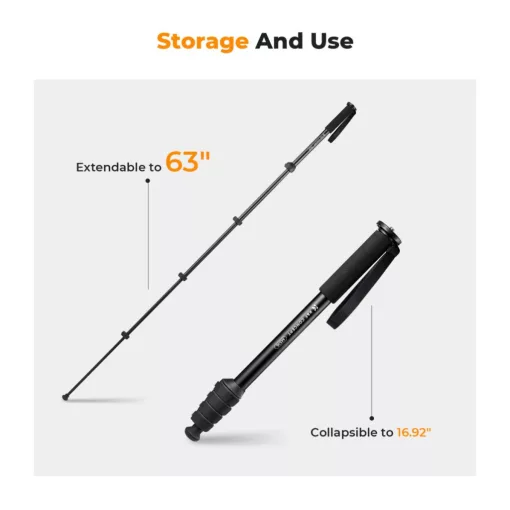 K&F Concept monopod, 160cm, aluminium, 1/4" és 3/8" csatlakozás csuklópánt, fekete (KF-09-138)