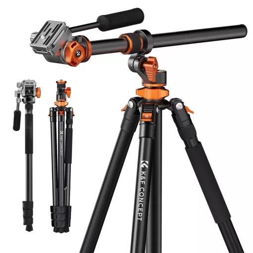 K&F Concept T254A7 + FH-03 videó állvány + monopod, elforgatható középoszloppal, fekete-narancssárga (KF-09-137)