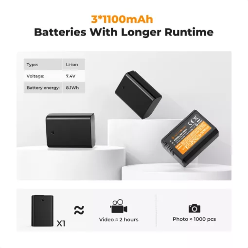 K&F Concept hordozható tripla USB-C akkumulátor BC-TRW töltő, LCD + 3db FW50 akkumulátor 1100mAh (KF-28-0037)