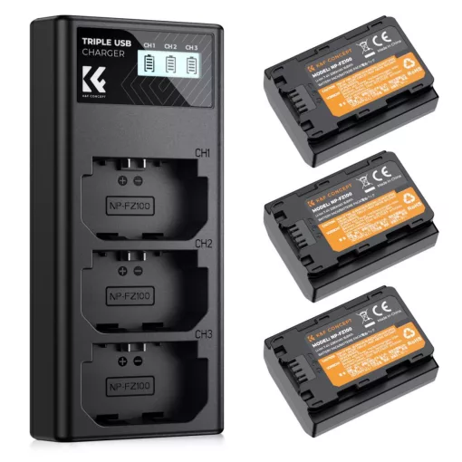 K&F Concept hordozható tripla USB-C akkumulátor BC-QZ1 töltő, LCD + 3db FZ100 akkumulátor 2280mAh (KF-28-0038)