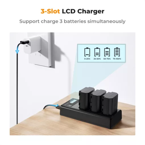 K&F Concept hordozható tripla USB-C akkumulátor BC-QZ1 töltő, LCD + 3db FZ100 akkumulátor 2280mAh (KF-28-0038)