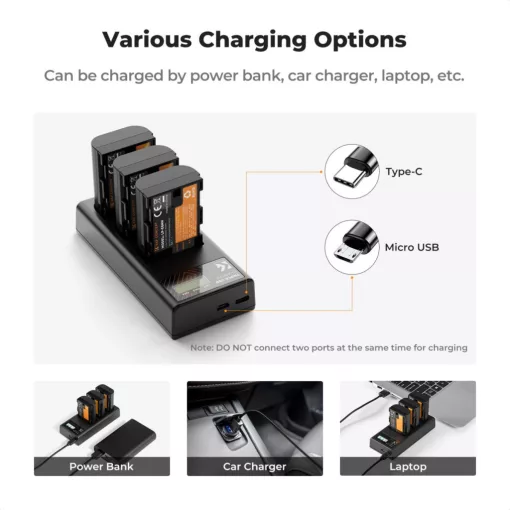 K&F Concept hordozható tripla USB-C akkumulátor LC-E6NH töltő, LCD + 3db LP-E6NH akkumulátor 2250mAh (KF-28-0039)