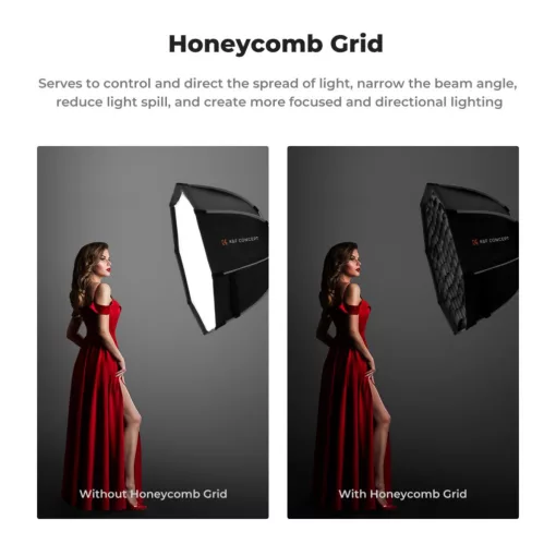 K&F Concept 55cm átmérőjű, octagonal softbox, gyorscsatlakozás, méhsejt rács, Bowens csatlakozás (KF-18-0007)