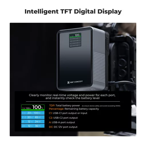 K&F Concept V-Mount Mini Pro akkumulátor, 99Wh, 14.8V, 6700mAH, 100W töltés, BP, D-TAP, TFT kijelző KF28-0024V1