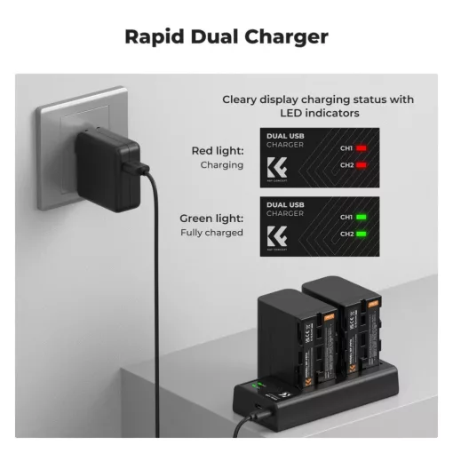K&F Concept hordozható dupla USB-C akkumulátor NP-F970 töltő + 2db NP-F970 akkumulátor 6600mAh (KF-28-0047)