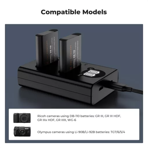 K&F Concept hordozható dupla USB-C akkumulátor BJ-11 töltő + 2db DB-110 akkumulátor 1100mAh (KF-28-0051)