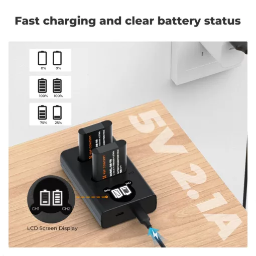 K&F Concept hordozható dupla USB-C akkumulátor BJ-11 töltő + 2db DB-110 akkumulátor 1100mAh (KF-28-0051)
