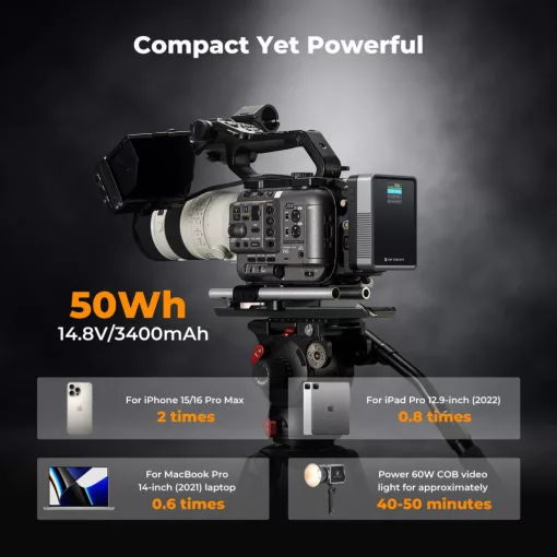 K&F Concept V-Mount Mini Pro akkumulátor, 50Wh, 3400mAh, 65W töltés, D-TAP, BP, DC, TFT kijelző KF28-0059