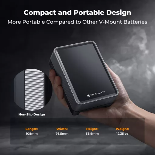 K&F Concept V-Mount Mini Pro akkumulátor, 50Wh, 3400mAh, 65W töltés, D-TAP, BP, DC, TFT kijelző KF28-0059