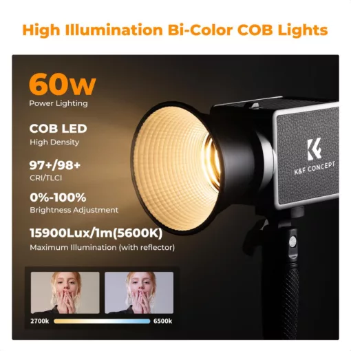 K&F Concept 60W BI COB led lámpa, 2700K-6500K, 97CRI, 12 effekt, 13500mAh, APP, Mini Bowens (KF-34-045)