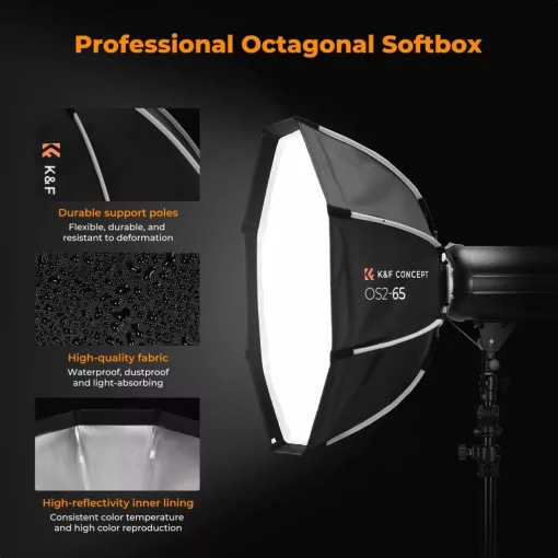 K&F Concept 65cm átmérőjű, octagonal softbox, gyorscsatlakozás, méhsejt rács, Bowens (KF-18-0015)