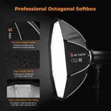 K&F Concept 90cm átmérőjű, octagonal softbox, gyorscsatlakozás, méhsejt rács, Bowens (KF-18-0016)