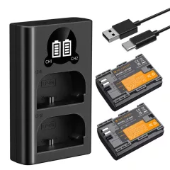   K&F Concept hordozható dupla USB-C akkumulátor LC-E6P töltő, LCD + 2db LP-E6P akkumulátor 2400mAh (KF-28-0093)