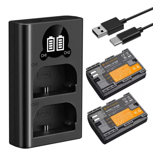 K&F Concept hordozható dupla USB-C akkumulátor LC-E6P töltő, LCD + 2db LP-E6P akkumulátor 2400mAh (KF-28-0093)