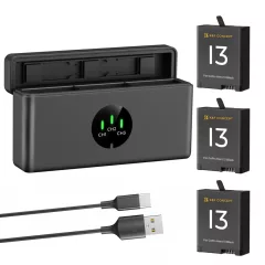   K&F Concept hordozható tripla USB-C akkumulátor töltő, LCD +3db GoPro Hero 13 akkumulátor 2100mAh (KF-28-0087)