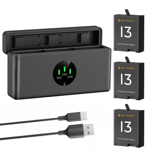 K&F Concept hordozható tripla USB-C akkumulátor töltő, LCD +3db GoPro Hero 13 akkumulátor 2100mAh (KF-28-0087)