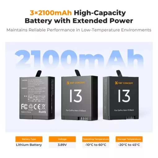K&F Concept hordozható tripla USB-C akkumulátor töltő, LCD +3db GoPro Hero 13 akkumulátor 2100mAh (KF-28-0087)