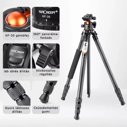 K&F Concept A254C4+BH-35L karbon állvány + monopod, fekete-narancs (KF-09-098)