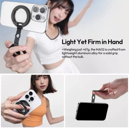 Ulanzi MA02 összehajtható mini állvány, Magsafe kompatibilis telefonokhoz, karabiner, fekete (UL-M067)