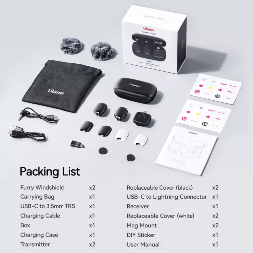 Ulanzi A30 vezeték nélküli Mini lavalier mikrofon, 2 mikrofon és 1 vevő, usb-c, lighting, fekete (UL-A014GBB1)
