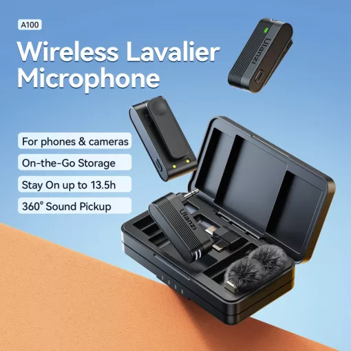 Ulanzi A100 vezeték nélküli lavalier mikrofon, 2 mikrofon és 1 vevő, usb-c, 3,5 jack, fekete (UL-A014A)