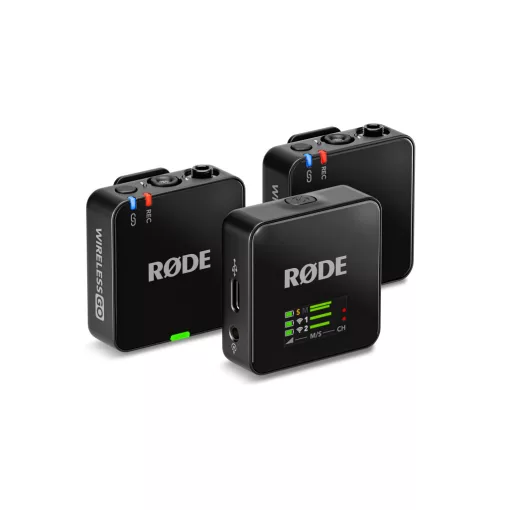 RODE Wireless GO GEN3 kompakt két csatornás digitális vezeték nélküli mikrofon rendszer adóba épített mikrofonnal, fekete (WIGO III - 1 vevő 2 adó)