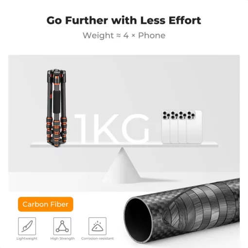 K&F Concept C225C0+BH-25 karbon állvány, 155cm magasság, 8kg teherbírás (KF-09-077V3)